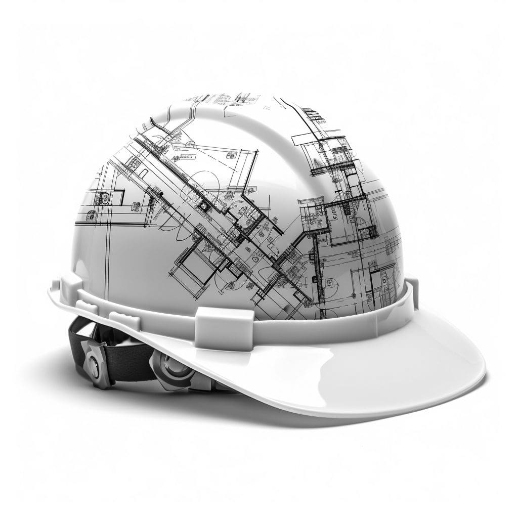 builders helmet with building plan on it