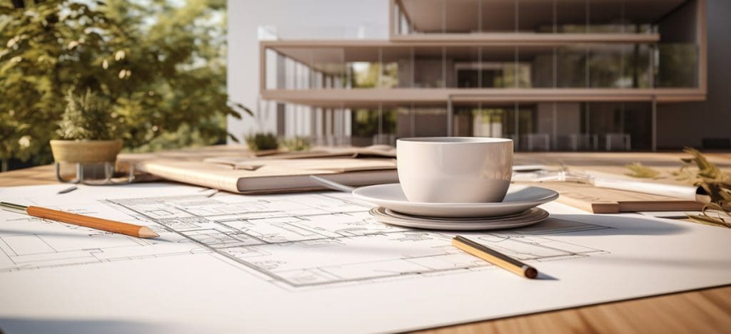 designing a house with a mug of coffee